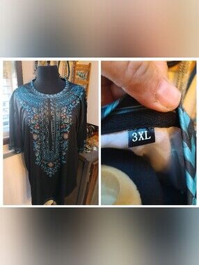Black Embroidered Look Tunic Top with Teal and Orange Floral Detail
